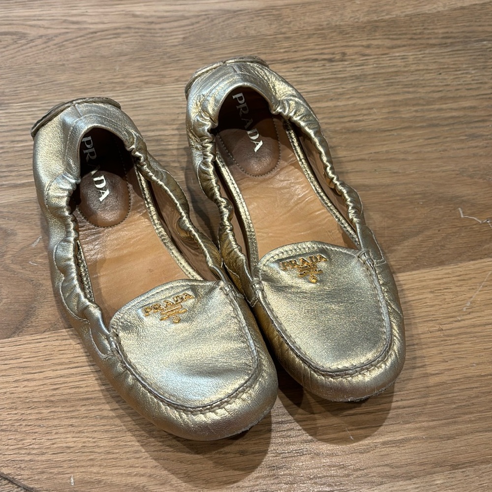 Prada Gold Scrunch Driving Loafers 39